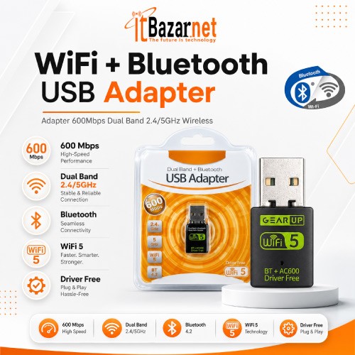 WiFi + Bluetooth USB Adapter 600Mbps Dual Band Support Image