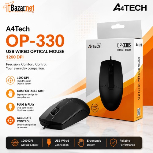 A4Tech OP-330 USB Wired Optical Mouse | 1200 DPI Image