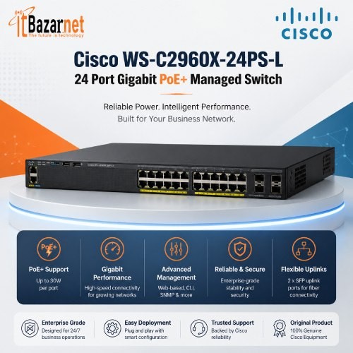 Cisco PoE Switch WS-C2960X-24PS-L 24 Port Gigabit PoE+ Managed Switch 4×1G SFP