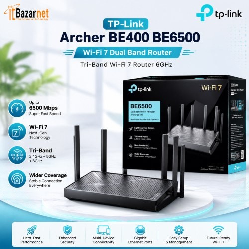 TPLink Archer BE400 BE6500 WiFi7 Dual Band Router Speed Up to 6.5 Gbps