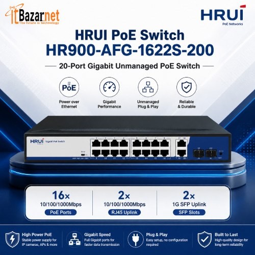 HRUI PoE Switch HR900-AFG-1622S-200 16 Port Gigabit PoE 185W with 2 RJ45 + 2 SFP Uplink Image