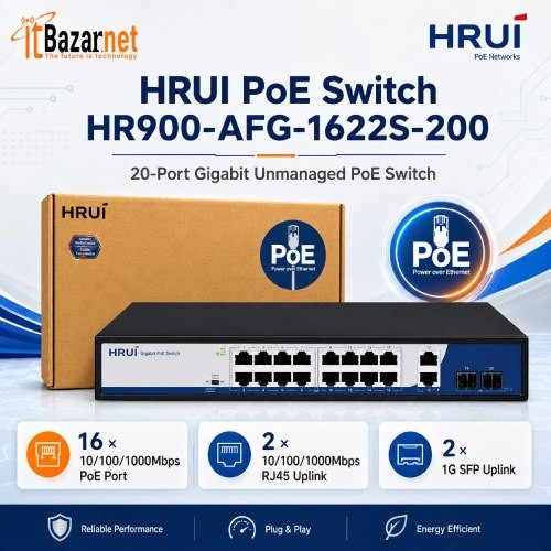 HRUI PoE Switch HR900-AFG-1622S-200 16 Port Gigabit PoE 185W with 2 RJ45 + 2 SFP Uplink Image