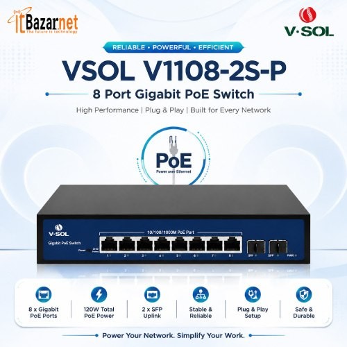 VSOL PoE Switch V1108-2S-P 8Port Gigabit PoE Switch with 2 SFP Uplink