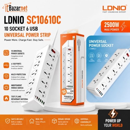 LDNIO Universal Power Strip SC10610C 10Port with 6 USB Ports 33W & 2M Cable