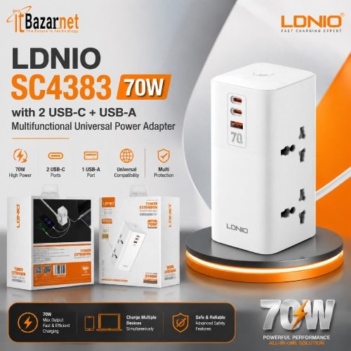 LDNIO Universal Desktop Power Adapter SC4383 70W  with 2 USB-C & 1 USB-A