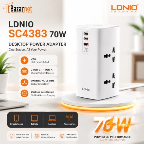 LDNIO Universal Desktop Power Adapter SC4383 70W  with 2 USB-C & 1 USB-A Image