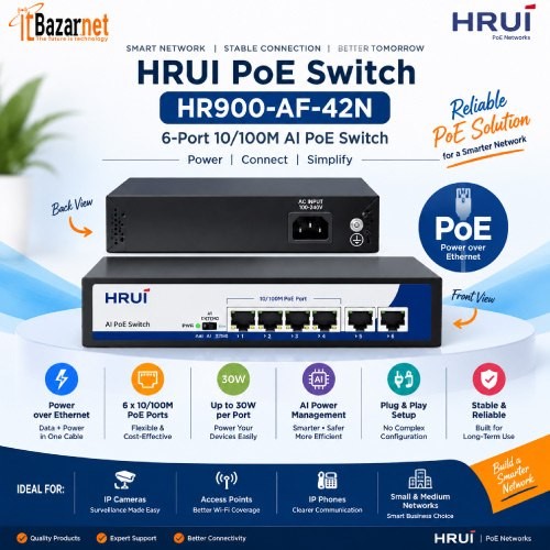 HRUI PoE Switch HR900-AF-42N 6Port 10/100M AI PoE Switch 4 PoE+2 Uplink
