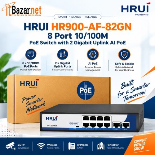 HRUI PoE Switch HR900-AF-82GN 8Port 10100M PoE Switch with 2 Gigabit Uplink AI PoE