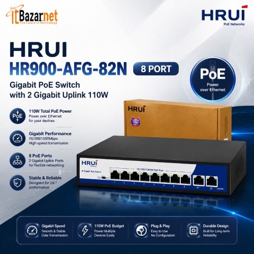 HRUI PoE Switch HR900-AFG-82N 8 Port Gigabit with 2 Gigabit Uplink 110W