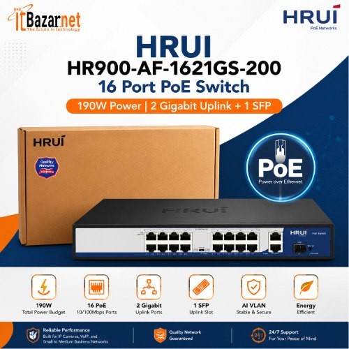 HRUI PoE Switch HR900-AF-1621GS-200 16 Port PoE Unmanaged Switch 190W 2Gigabit Uplink + 1 SFP