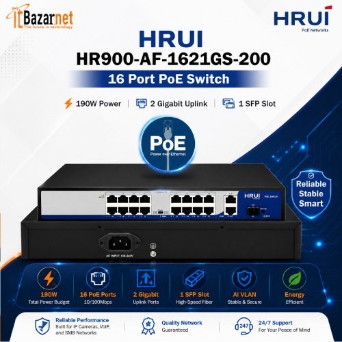 HRUI PoE Switch HR900-AF-1621GS-200 16 Port PoE Unmanaged Switch 190W 2Gigabit Uplink + 1 SFP Image