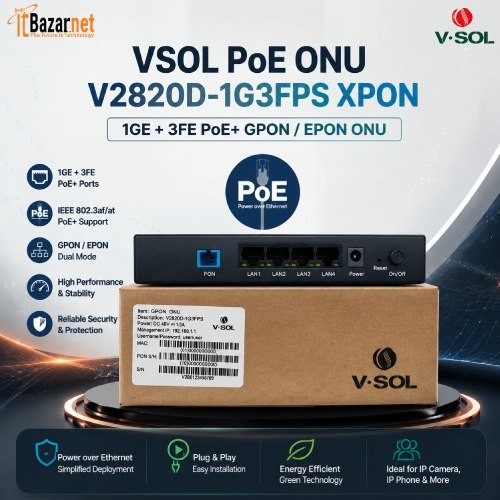 VSOL PoE ONU V2820D-1G3FPS XPON 1GE + 3FE PoE+ GPON /EPON ONU