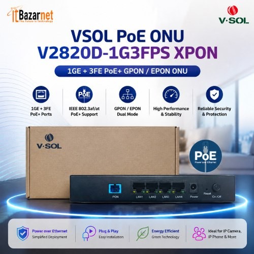 VSOL PoE ONU V2820D-1G3FPS XPON 1GE + 3FE PoE+ GPON /EPON ONU Image