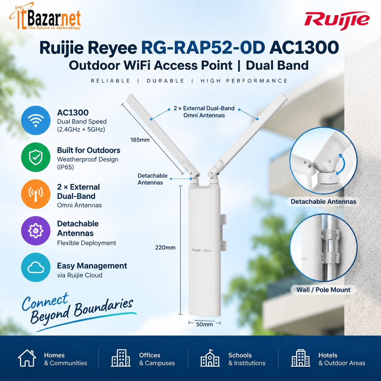 Ruijie Outdoor AP RG-RAP52-OD AC1300 Dual Band Outdoor Access Point WiFi5 Image