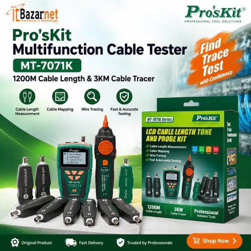 ProsKit Cable Tester & Length Meter MT-7071K LCD RJ45 RJ11 BNC Cable Tracer