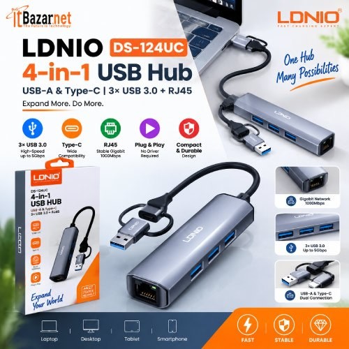 LDNIO USB Hub DS-124UC 4-in-1 USB Hub USB A & Type C 3× USB 3.0 + RJ45 Image