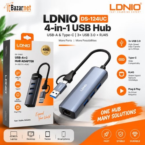 LDNIO USB Hub DS-124UC 4-in-1 USB Hub USB A & Type C 3× USB 3.0 + RJ45 Image