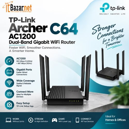 TPLink Router Archer C64 AC1200 Dual Band Gigabit WiFi Router Image