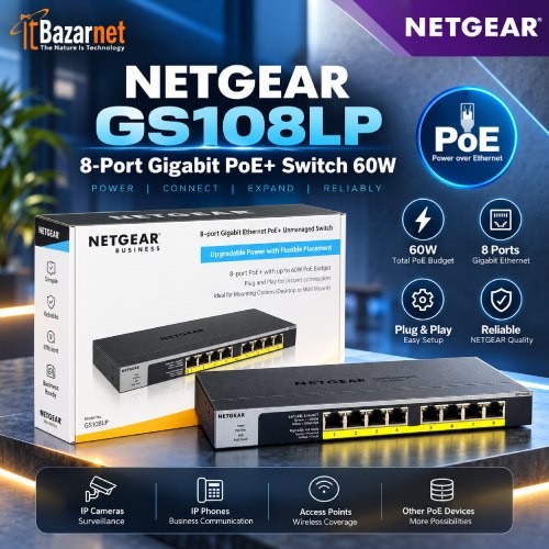 NETGEAR PoE Switch GS108LP 8Port Gigabit PoE+ Switch 60W Unmanaged PoE Switch