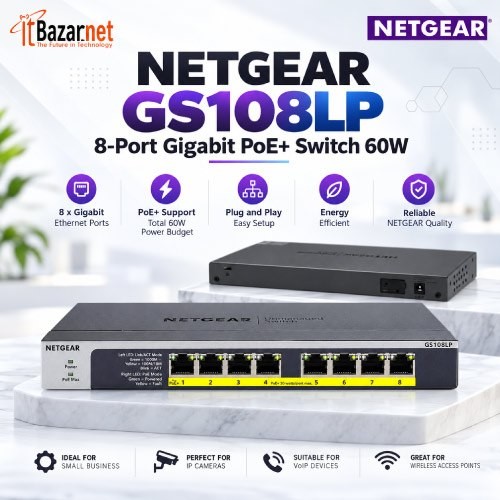 NETGEAR PoE Switch GS108LP 8Port Gigabit PoE+ Switch 60W Unmanaged PoE Switch Image