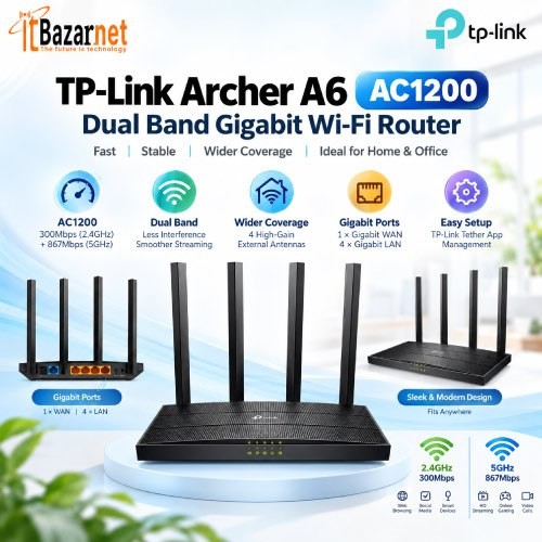 TPLink Archer A6 AC1200 Dual Band Gigabit WiFi Router Image