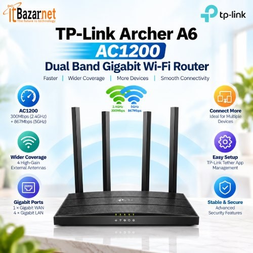 TPLink Archer A6 AC1200 Dual Band Gigabit WiFi Router Image